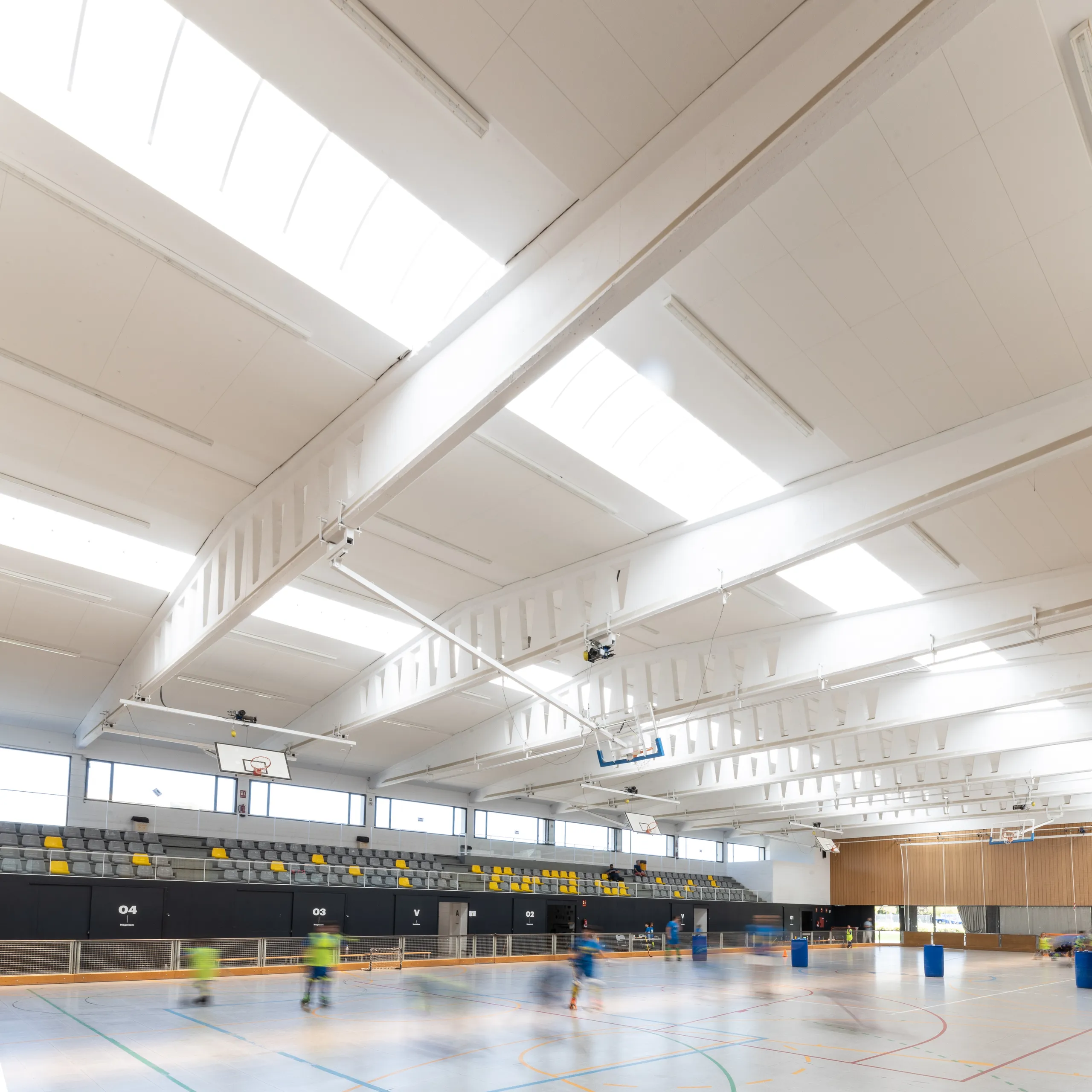 A large sports hall featuring white acoustic ceiling tiles installed between exposed steel beams, with rows of spectator seating and children playing on the multi-purpose court below.