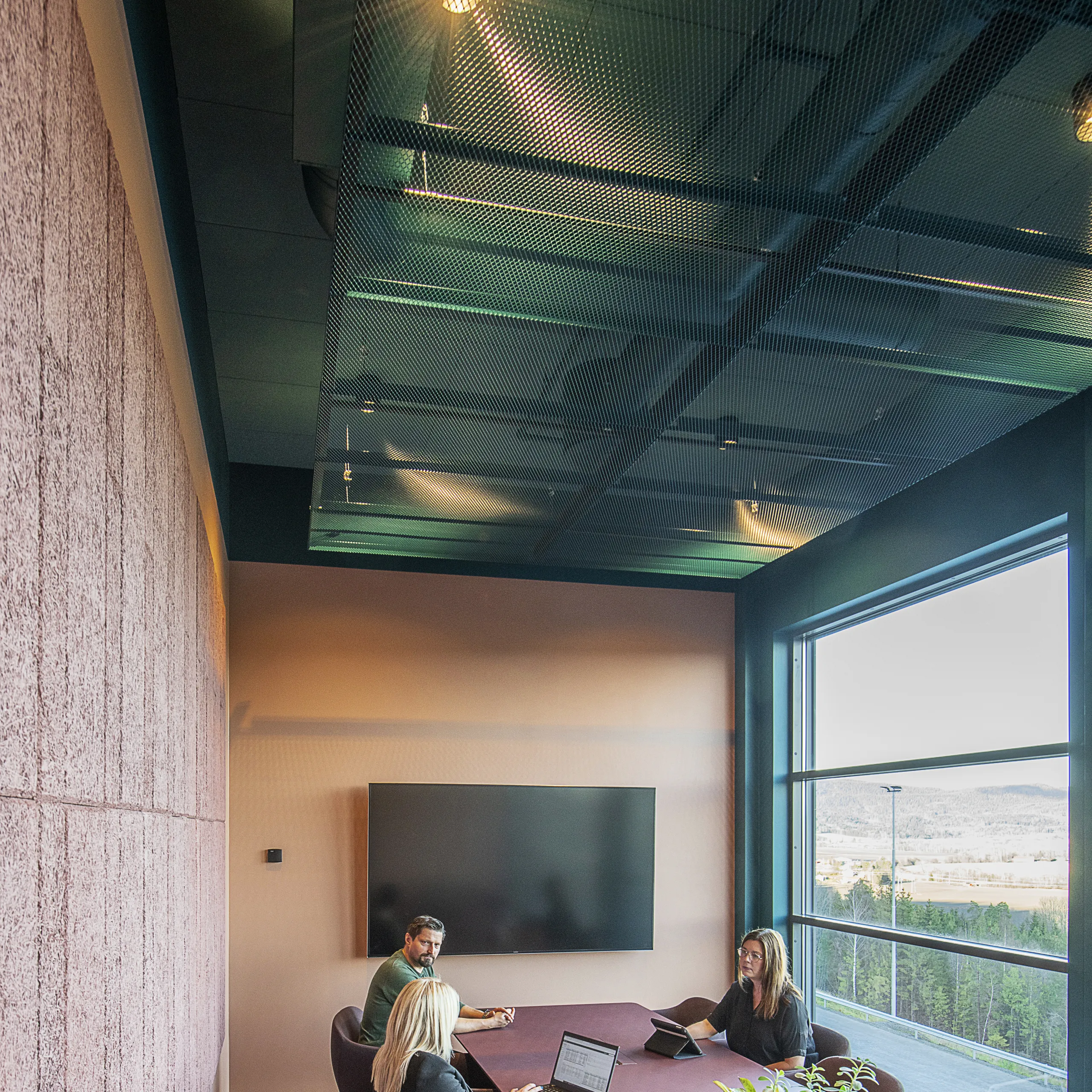 Bright meeting room with coloured acoustic ceiling panels, soft furnishings, and expansive landscape views through full-height windows
