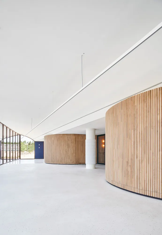 Close-up view of Rockfon acoustic ceiling tiles.