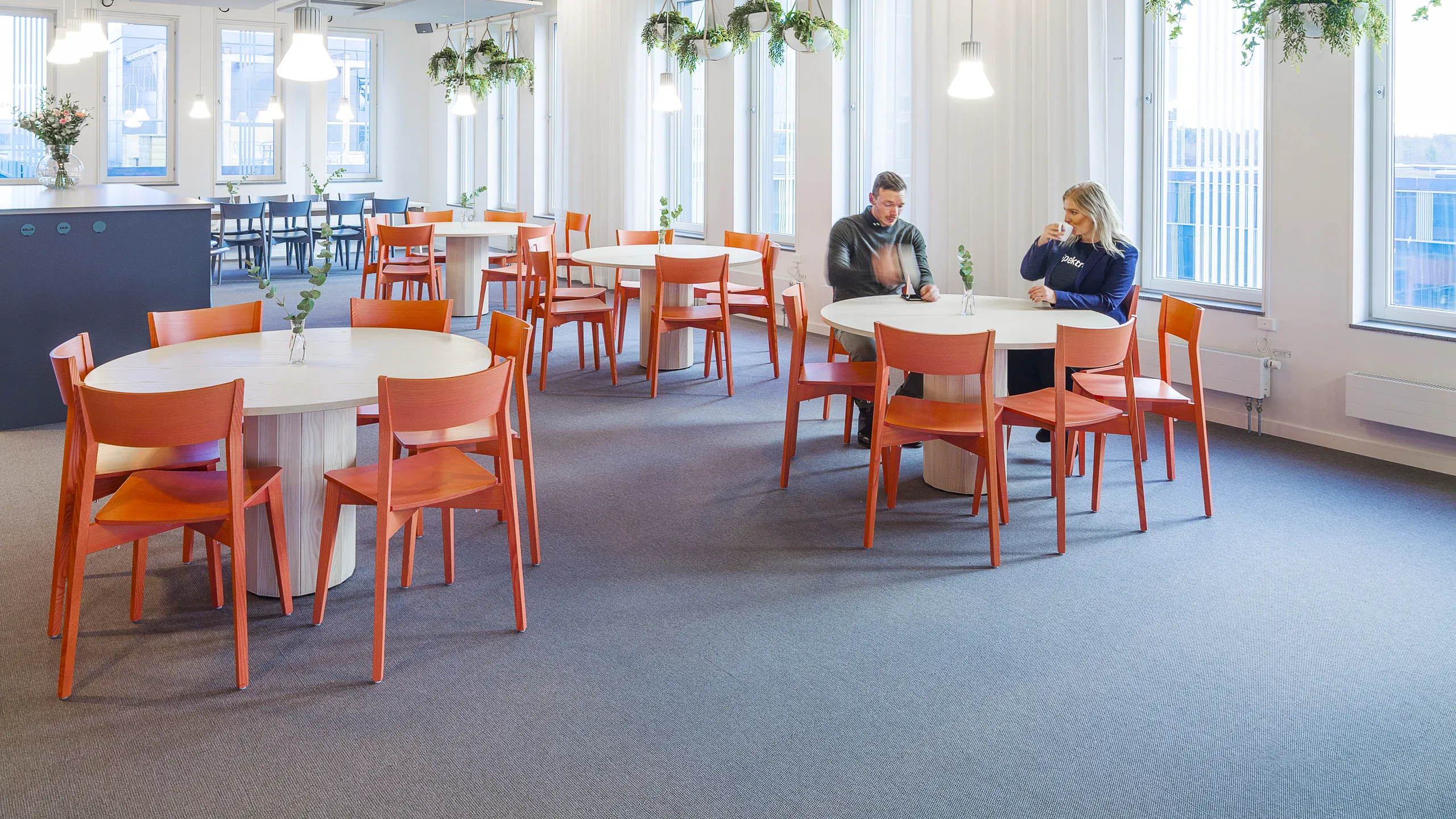 Bright cafeteria with orange chairs, a floating raft ceiling, white tables, hanging plants, and acoustic panels. Three people seated at a table in conversation.