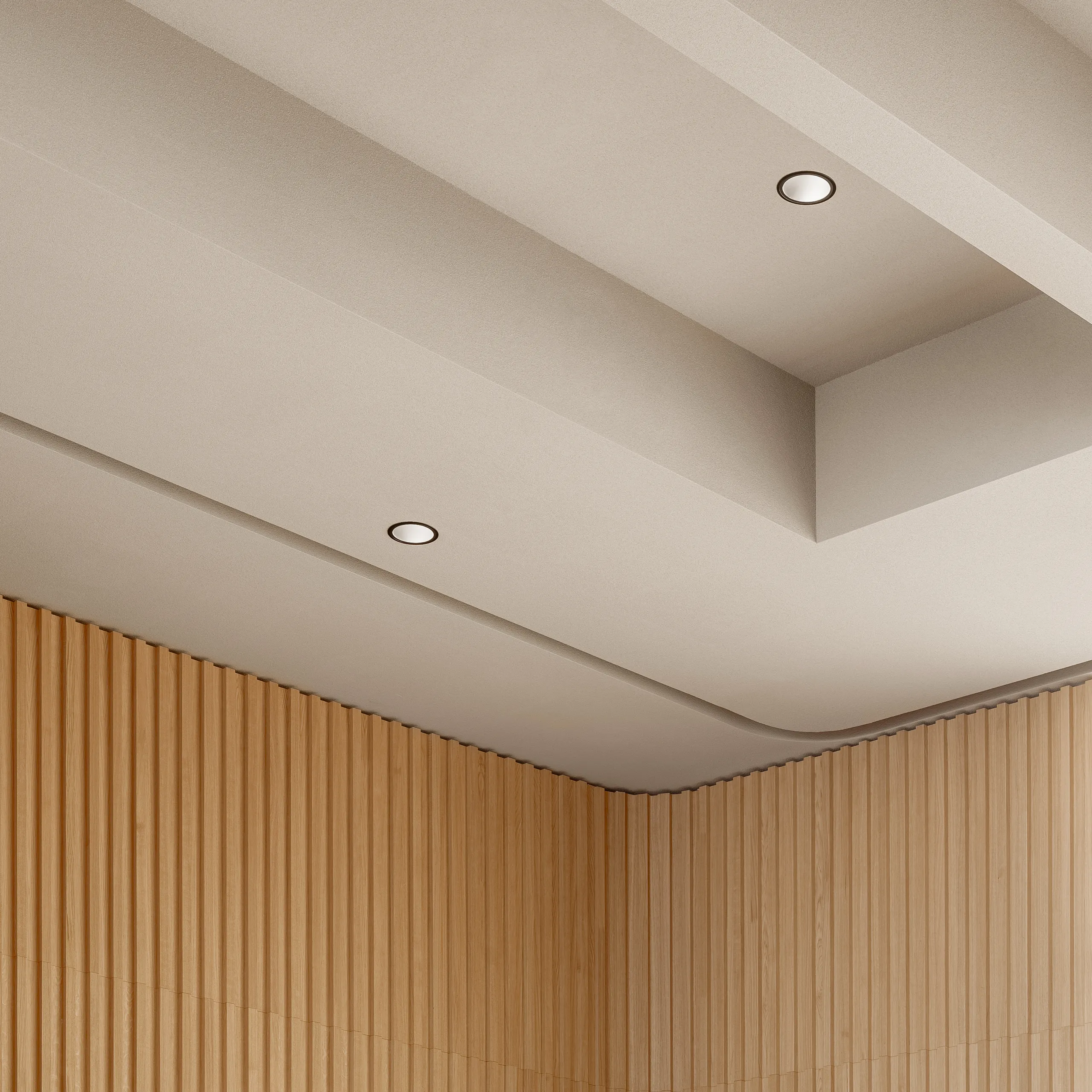 A bright lecture hall with seamless monolithic acoustic ceiling installed following original beams with timber wall panels