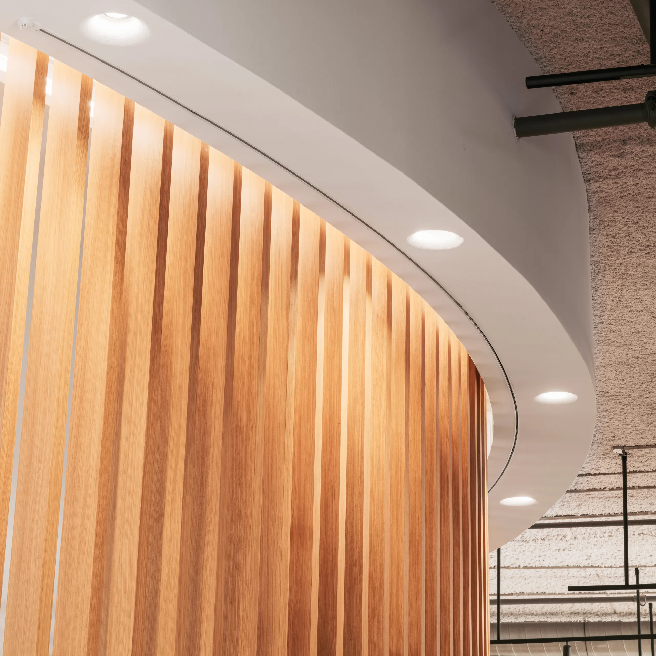 Curved monolithic acoustic ceiling detail with recessed lighting and exposed mechanical services above timber slat walling