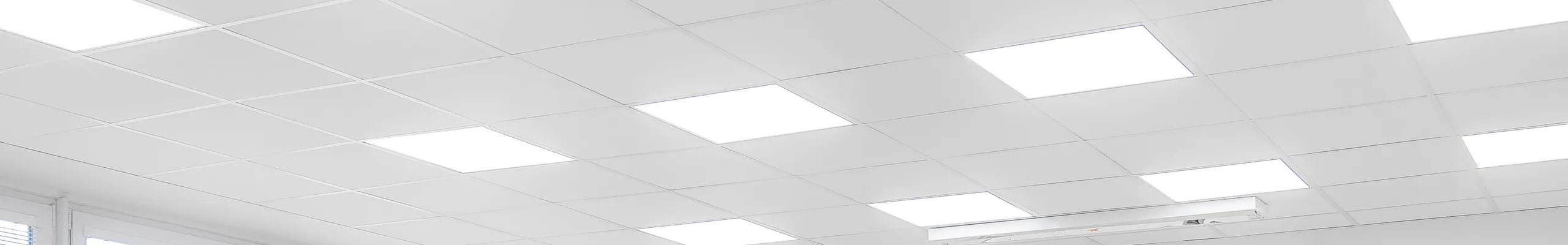 A bright and tidy primary classroom featuring a white acoustic ceiling grid, large windows, colourful teaching displays, and two children working together at the front of the room