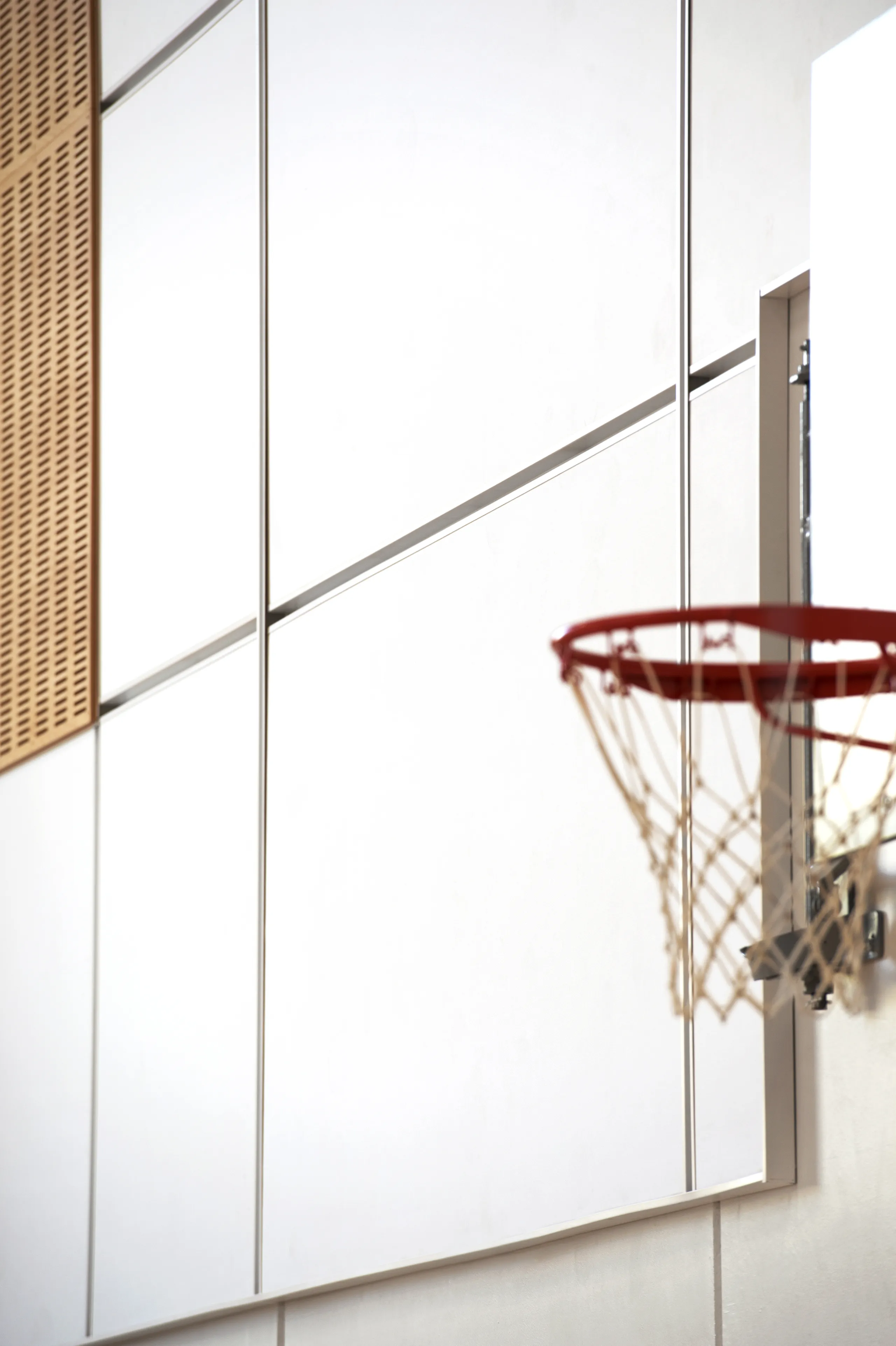 Detail view of Rockfon acoustic wall panels, floor screens, and hanging divider