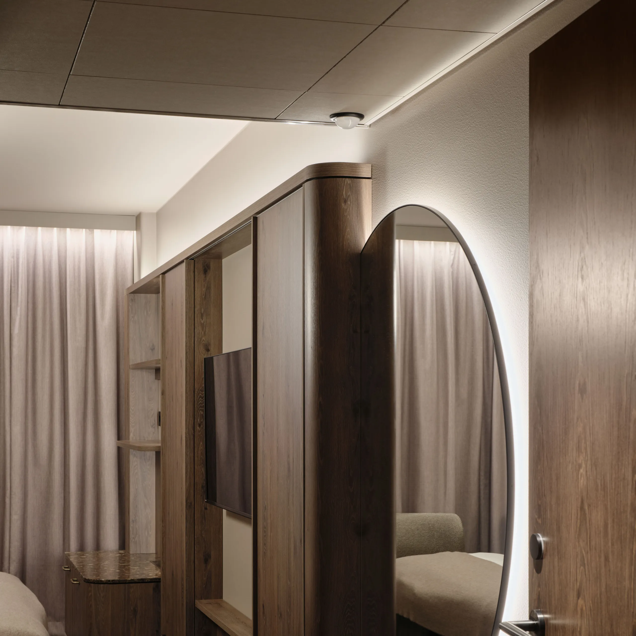 Hotel acoustics optimised with hotel acoustic design and hotel ceiling design.