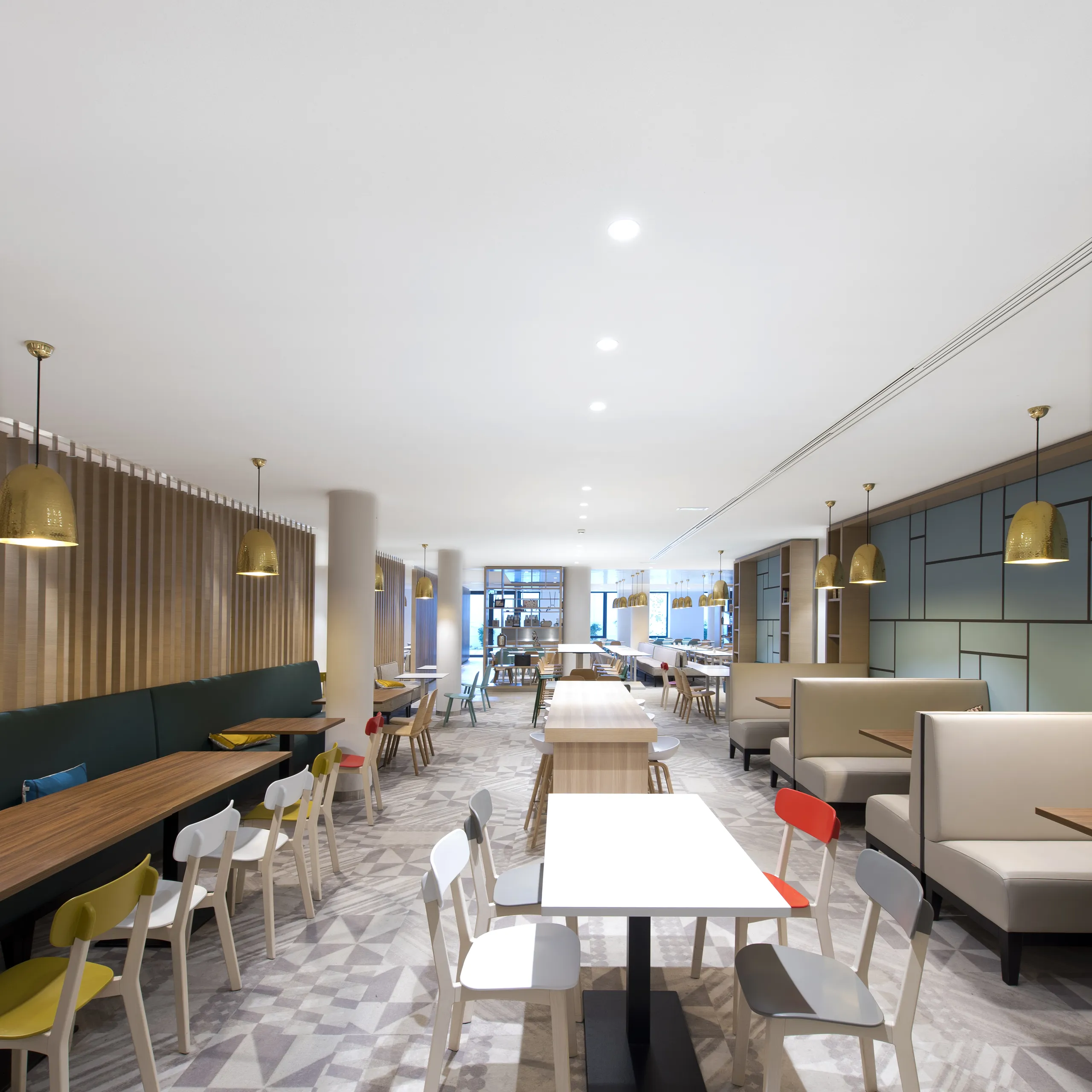 A food court dining area with acoustic solutions.