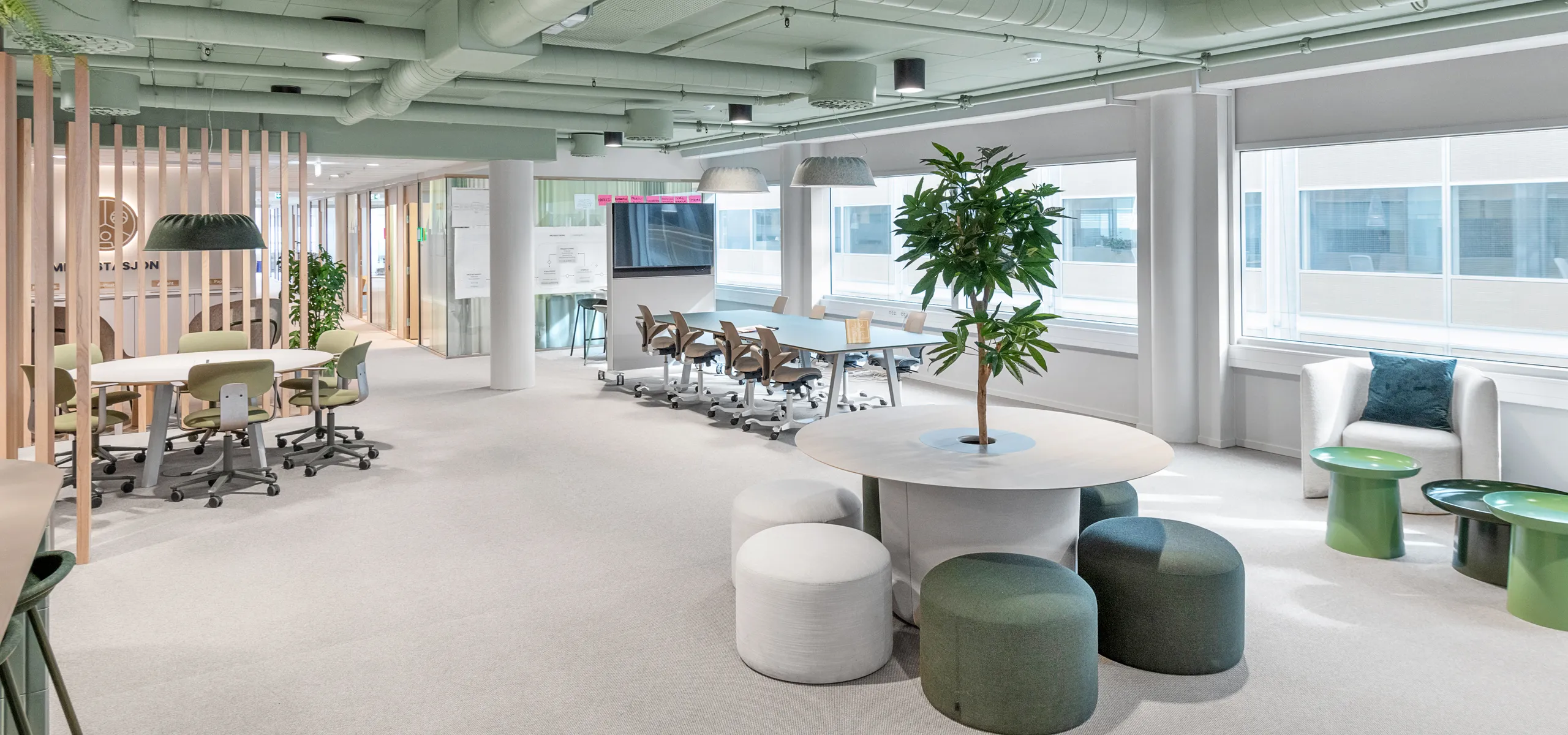Open office space with green coloured acoustic ceiling panels, exposed ductwork, flexible workstations, and soft seating areas