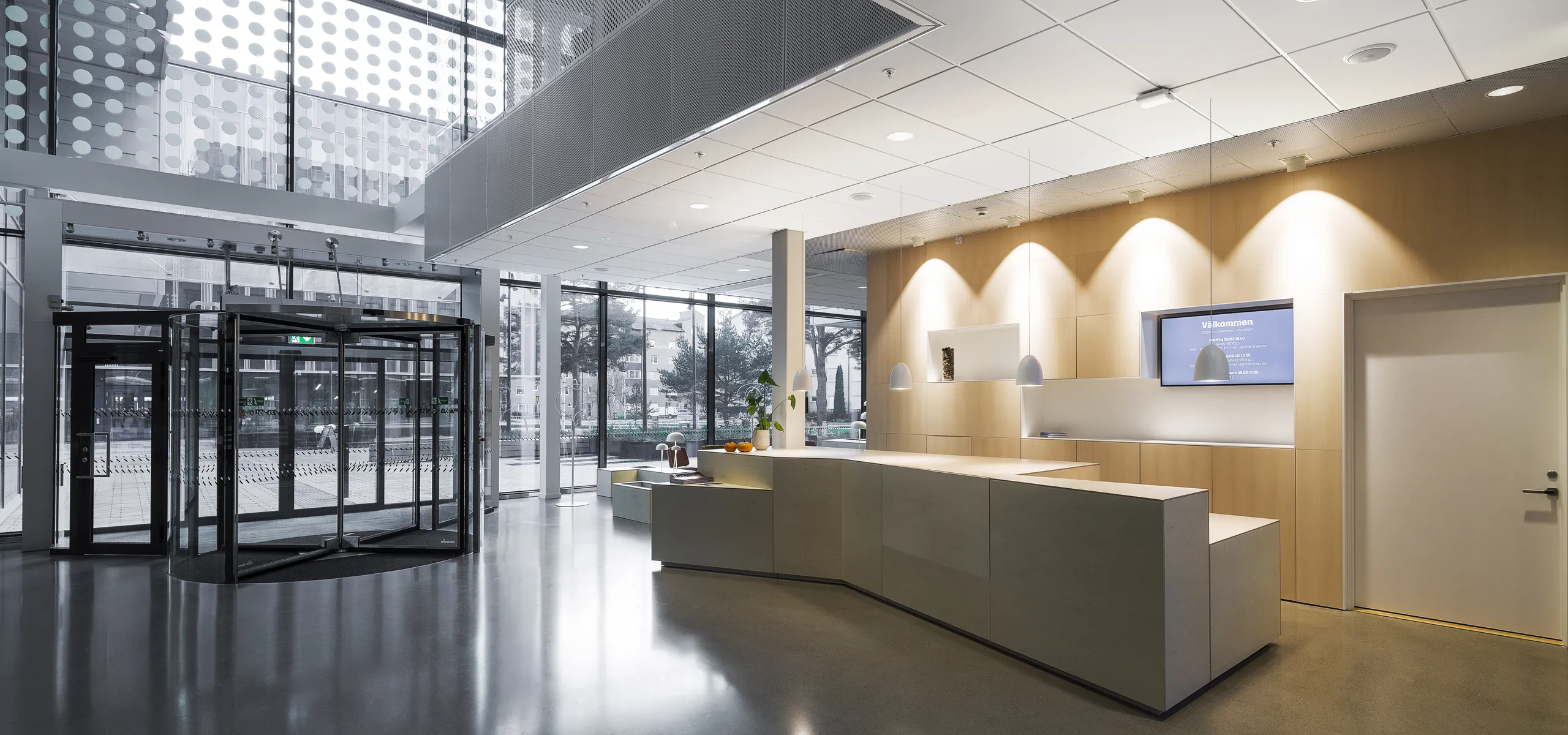 Bright reception area with a suspended acoustic ceiling grid, large glass entrance, wood-panelled front desk, and modern pendant lighting