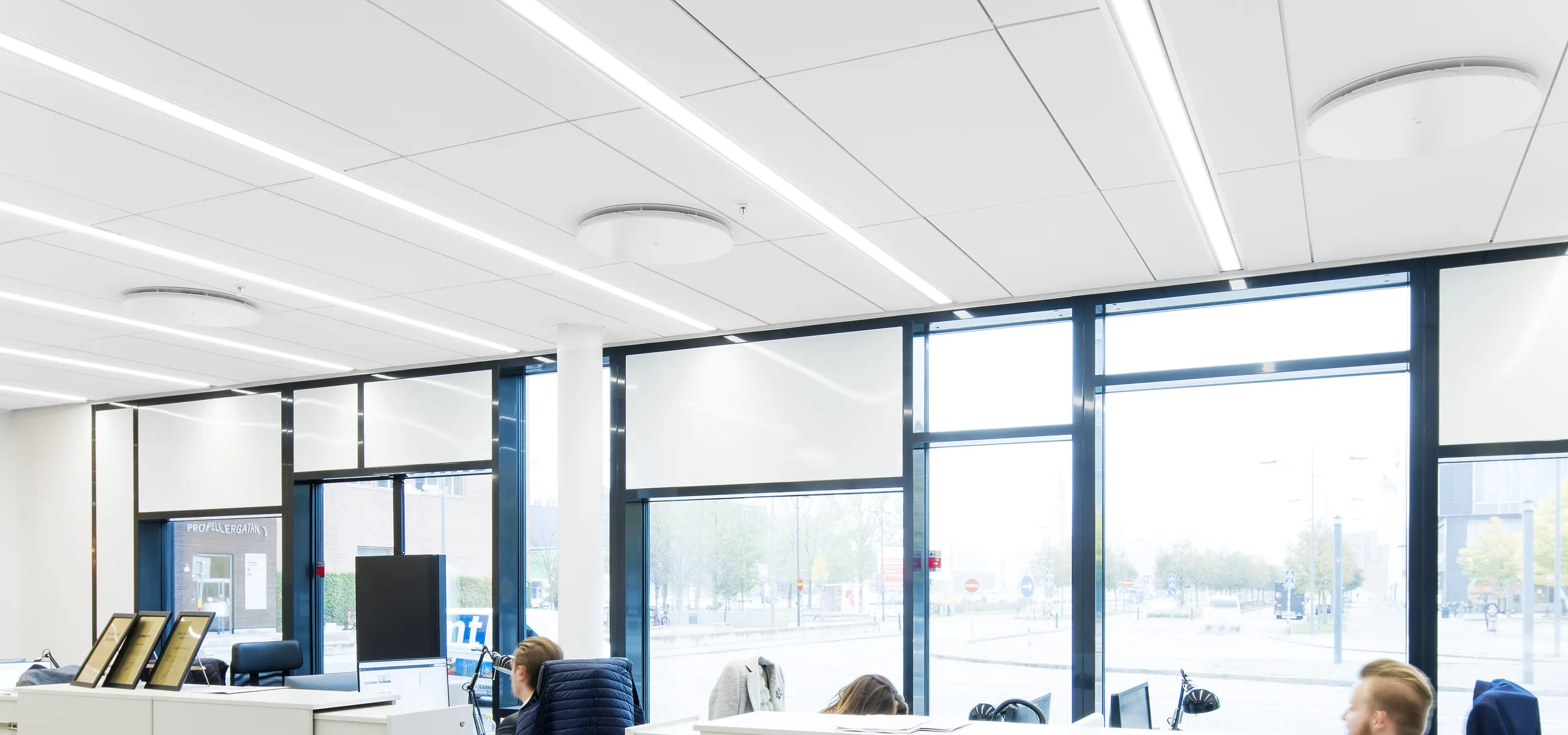 A Rockfon Chicago Metallic suspended ceiling grid.