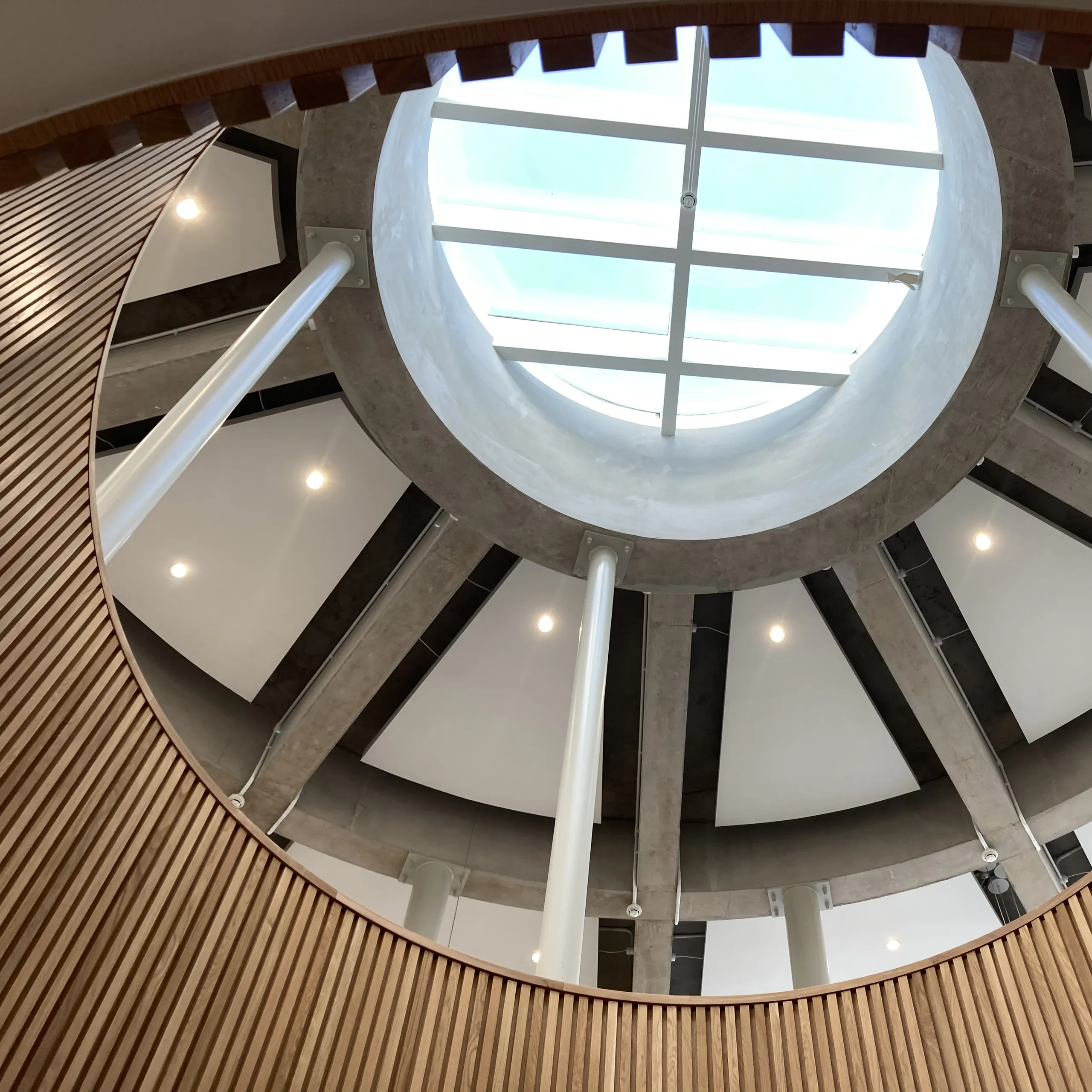 A circular skylight viewed from below, showing triangular acoustic panels integrated between radial concrete beams.