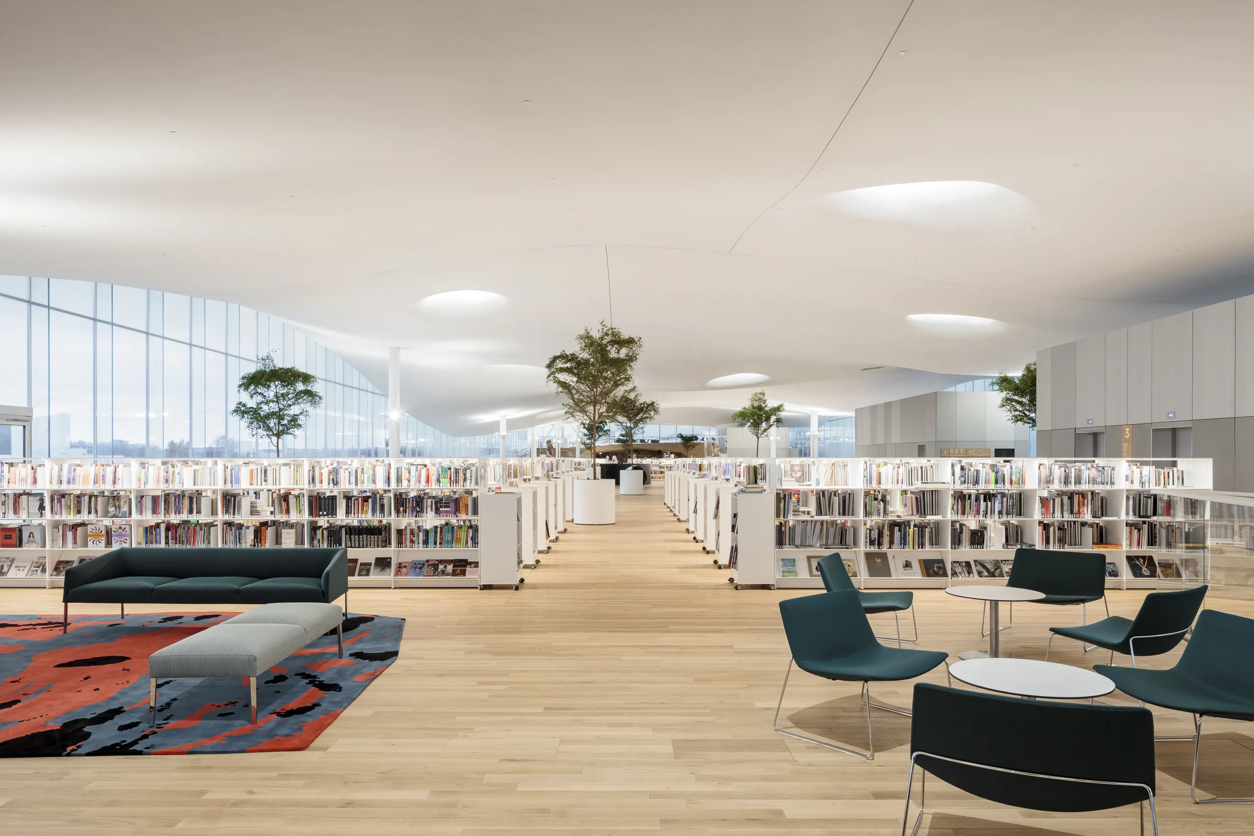 Spacious modern library with rows of bookshelves, lounge seating areas, indoor trees, and a smooth white acoustic ceiling with circular skylights and large glazed walls.