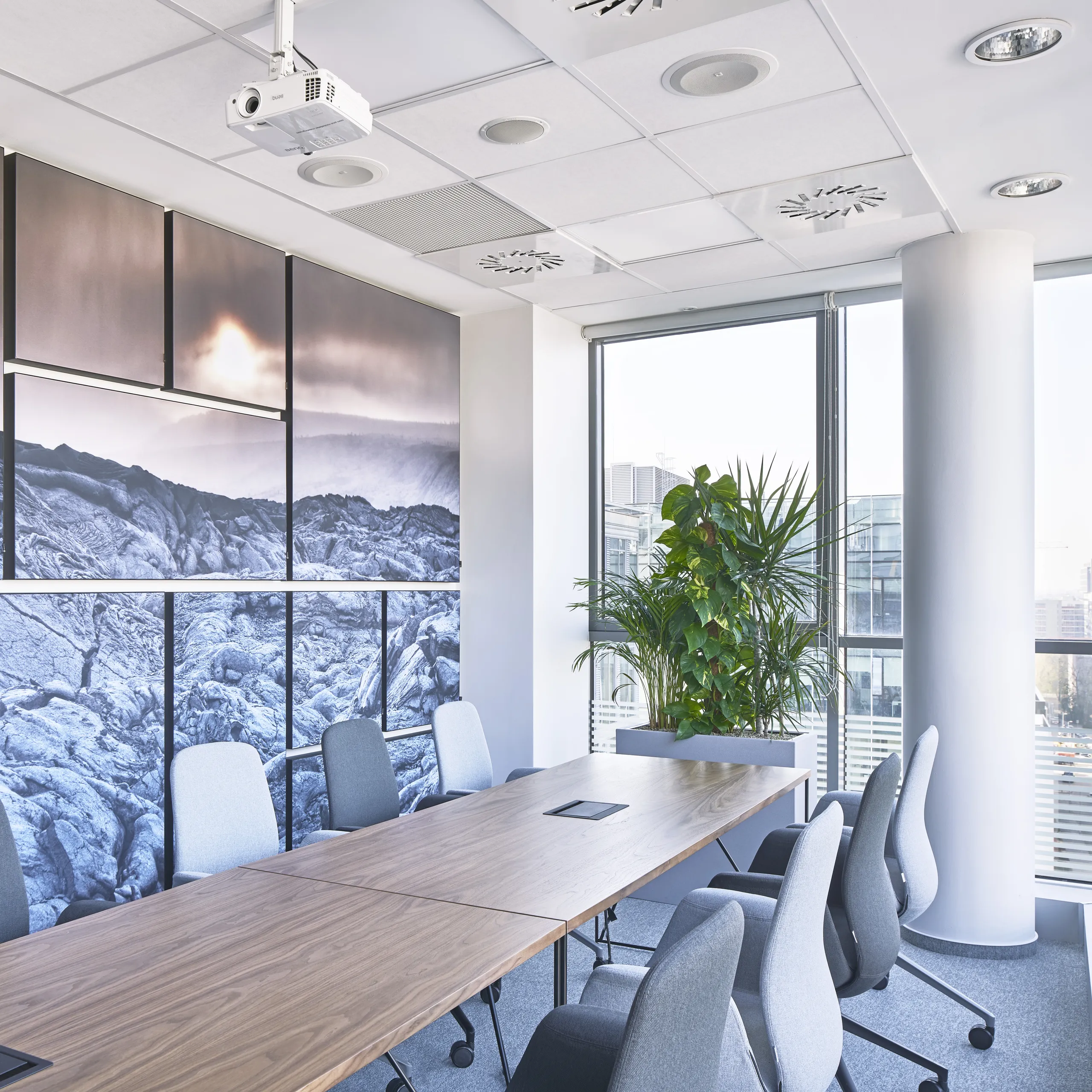 Detail view of Rockfon acoustic wall panels, floor screens, and hanging divider