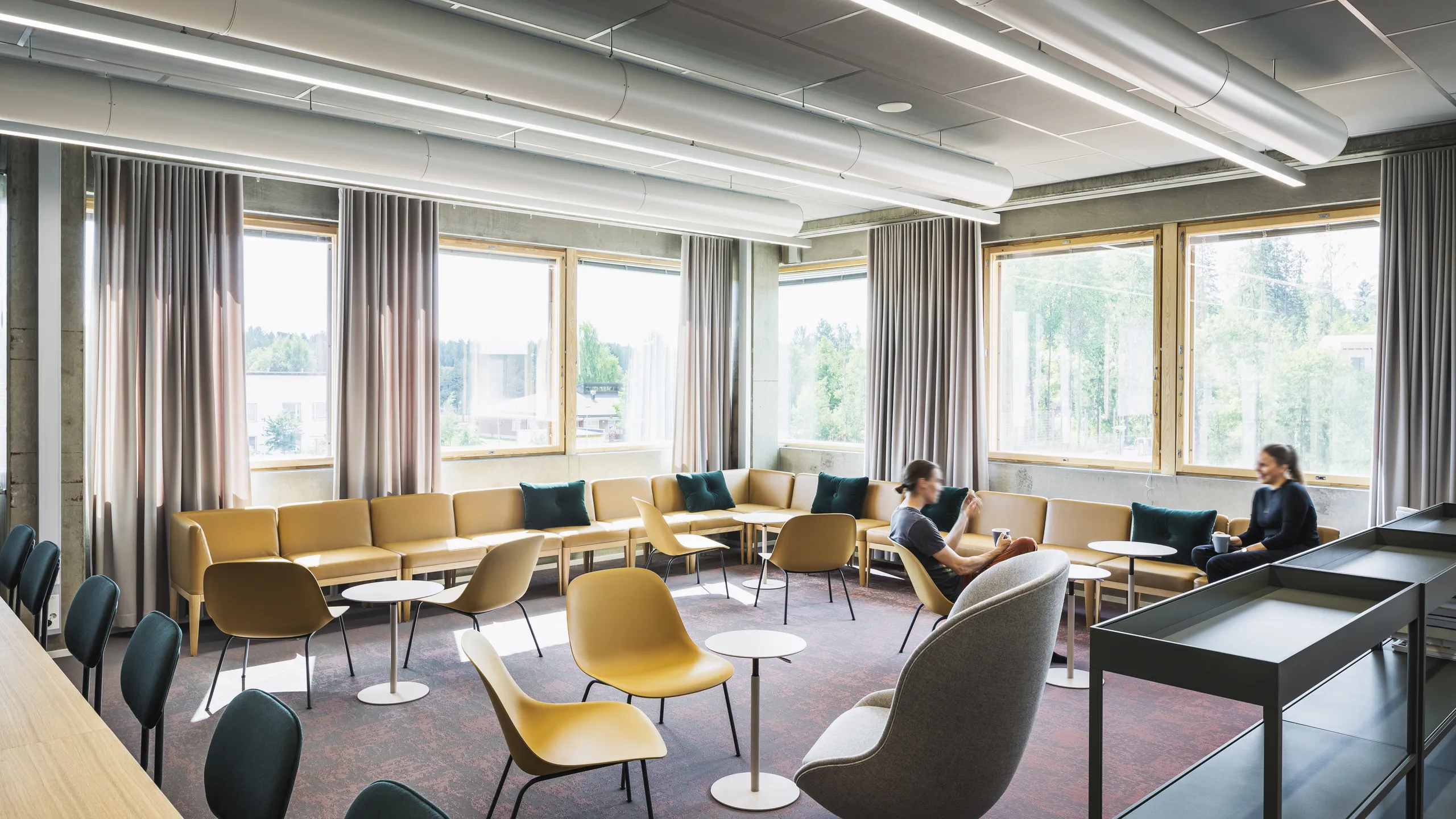 Grey ceiling design with open plenum in an educational space