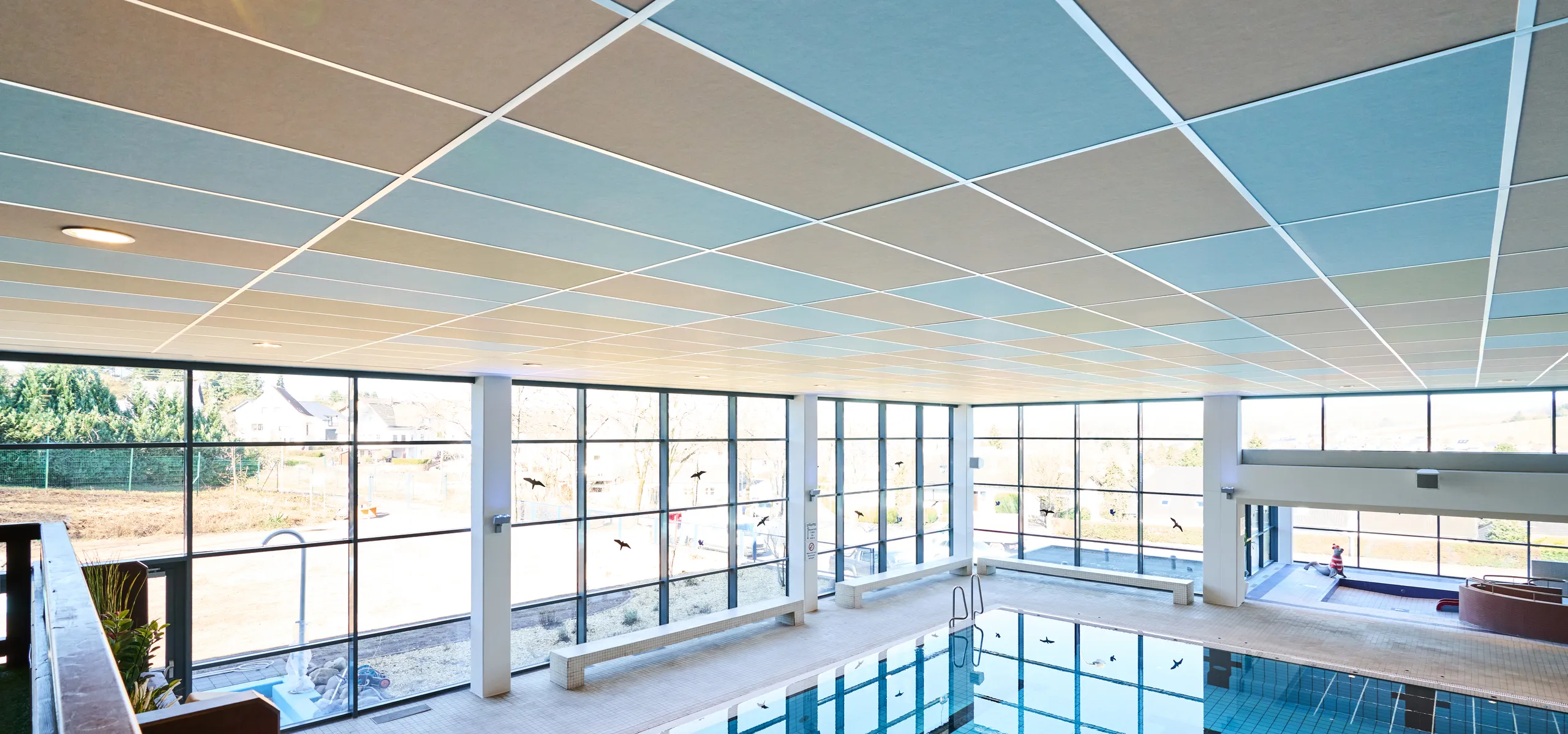 Checkered ceiling at a swimming pool