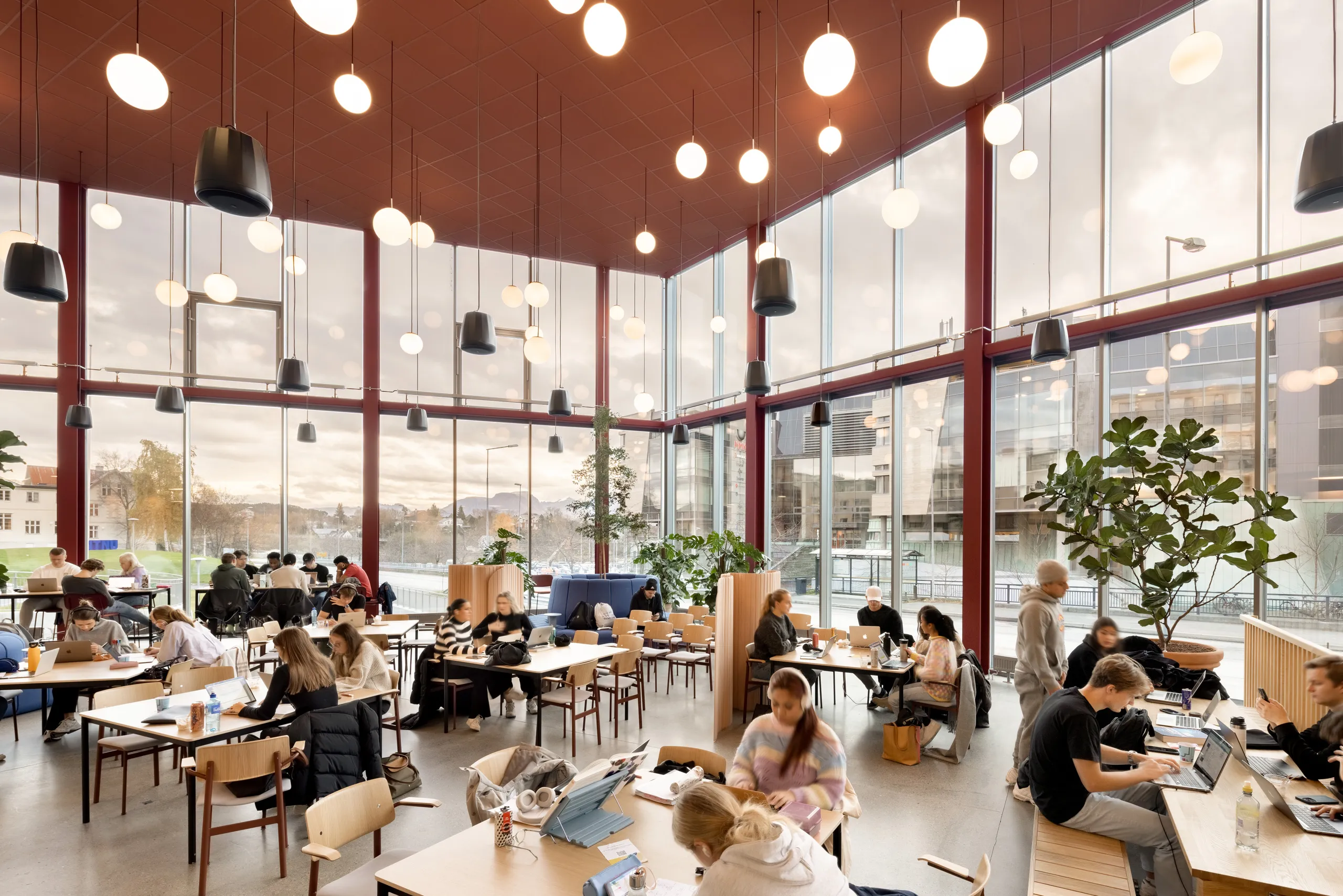 A spacious café-style study hall featuring deep red acoustic ceiling tiles, large floor-to-ceiling windows, varied pendant lighting, indoor plants, and students working at communal tables.