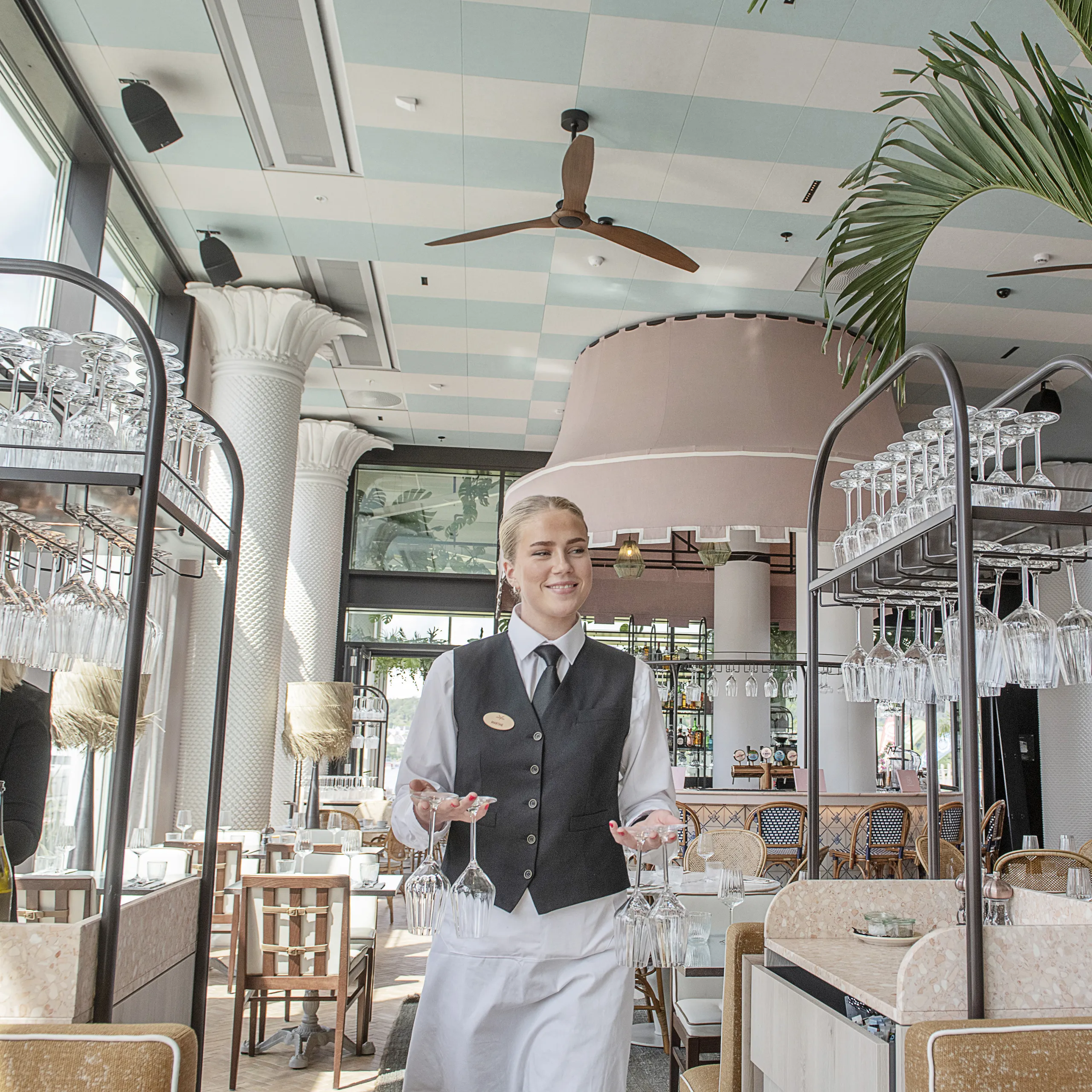 Hotel acoustics optimised with hotel acoustic design and hotel ceiling design.