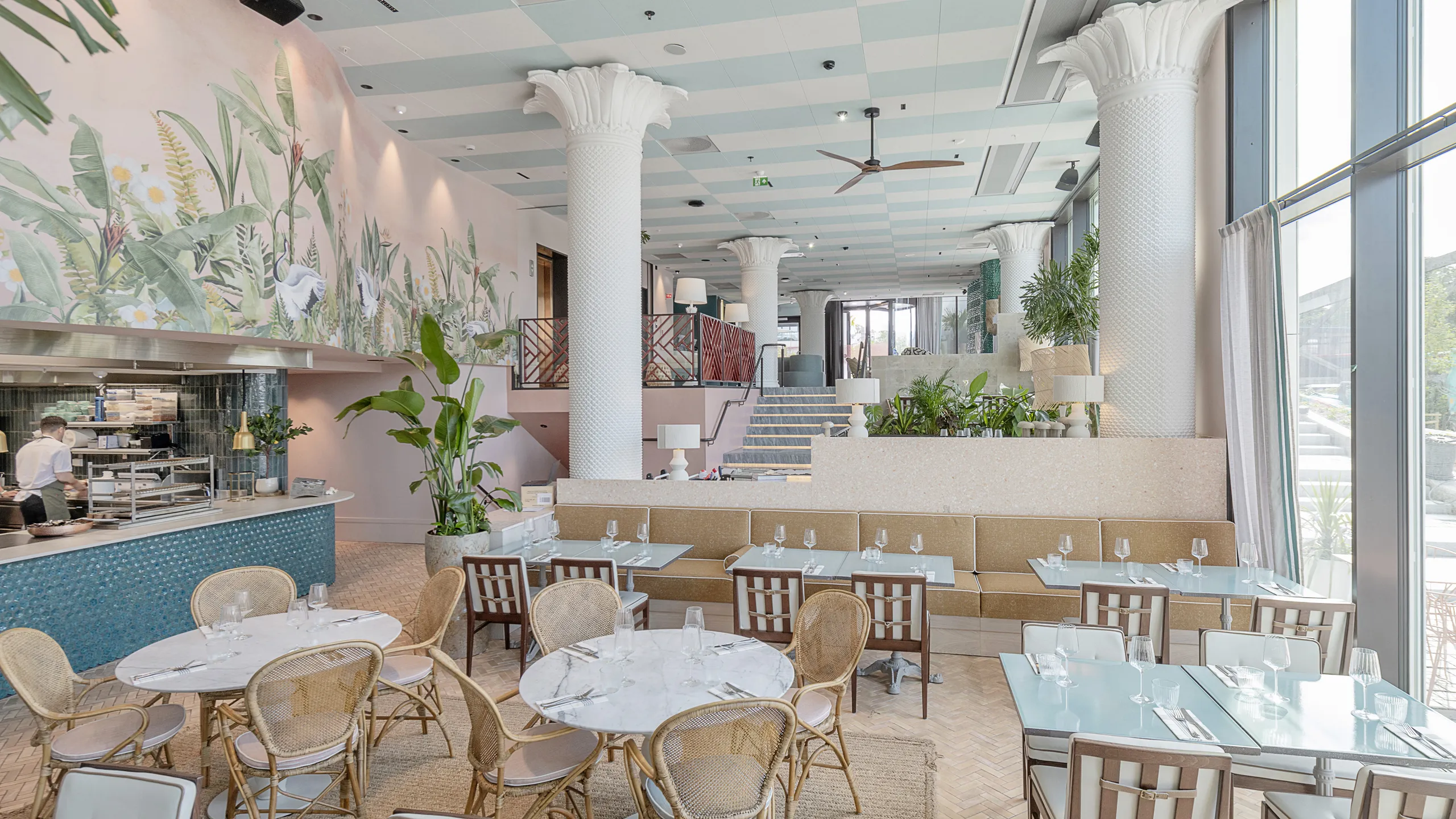Restaurant in Hotel Riviera in Moss Norway with Rockfon Color-all special X-Edge for a checkered ceiling design