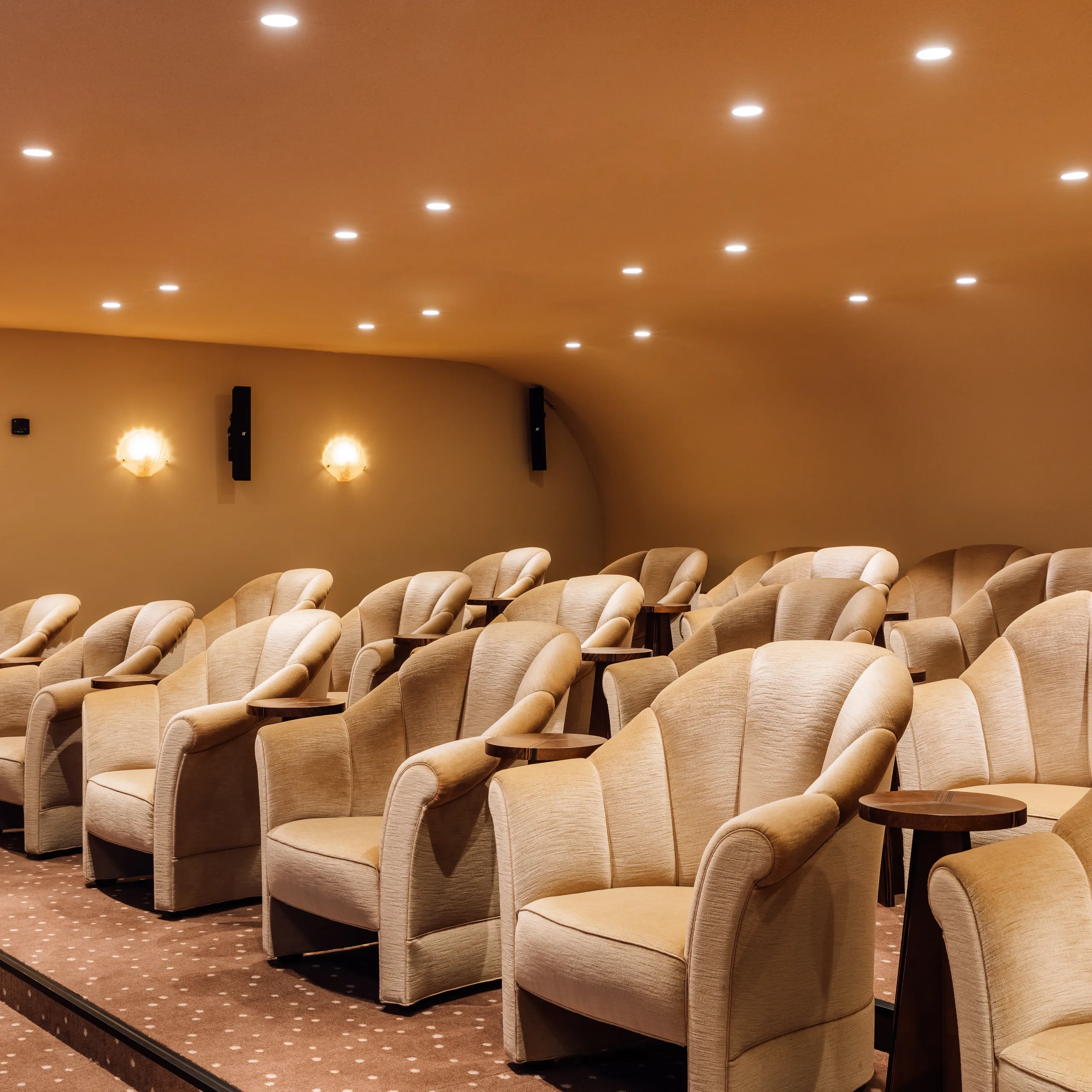 Cinema acoustics optimised with ceiling and wall sound-absorbing solutions.