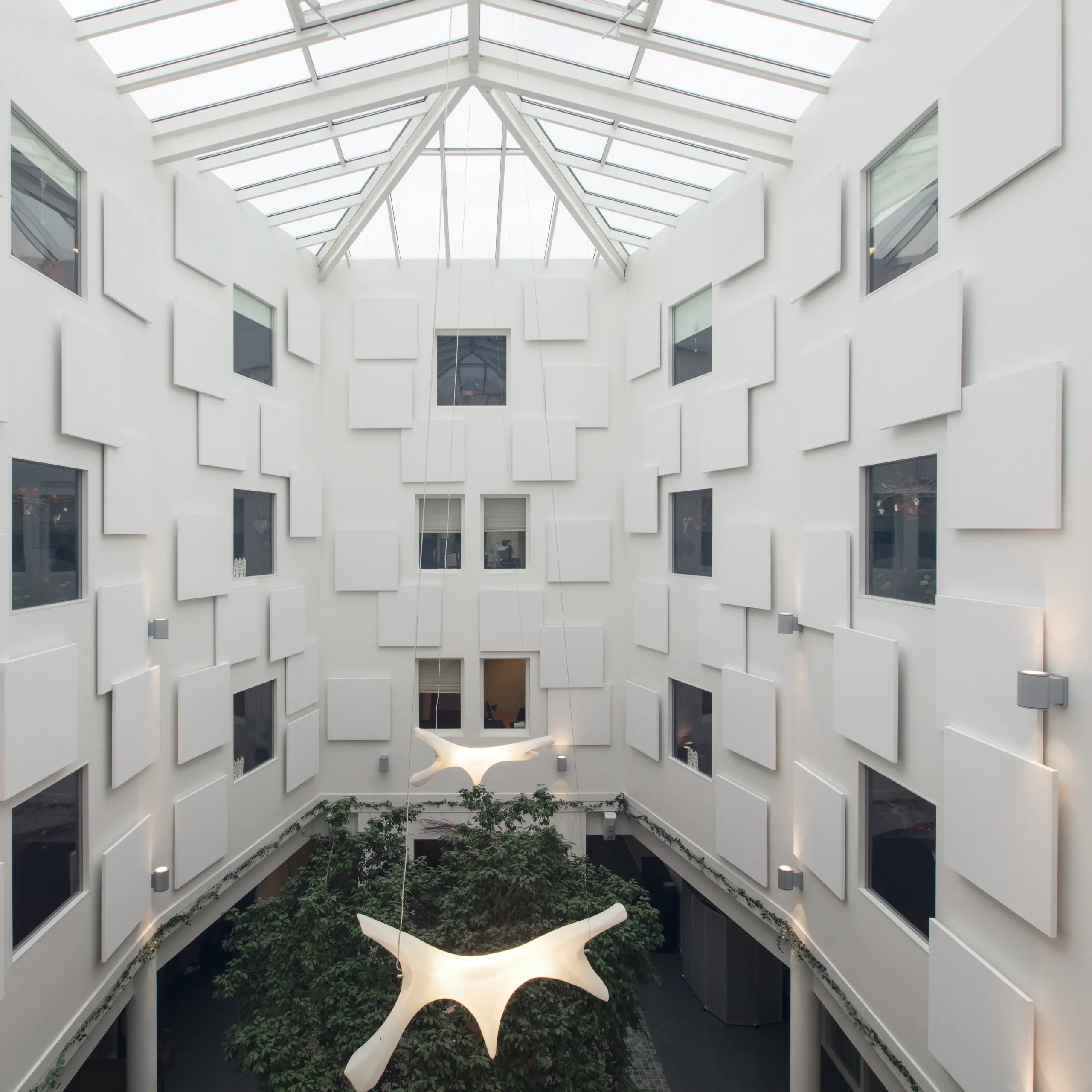 Detail view of Rockfon acoustic wall panels, floor screens, and hanging divider