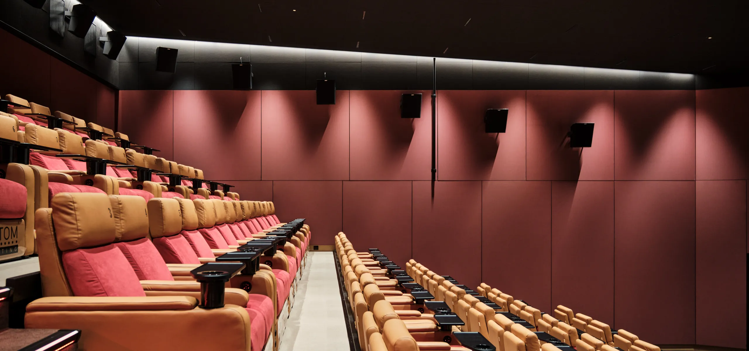 Cinema acoustics optimised with ceiling and wall sound-absorbing solutions.