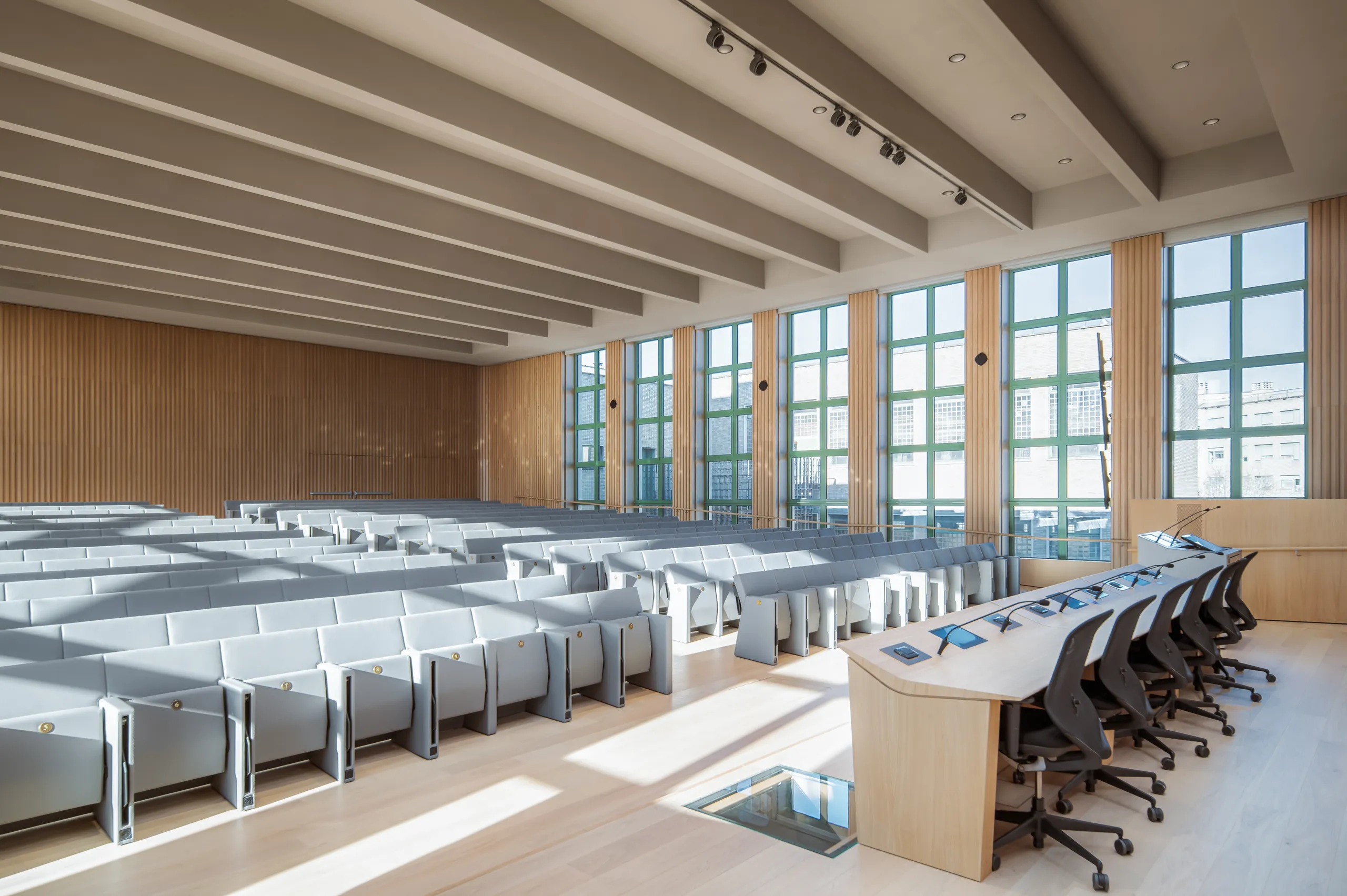 A bright, contemporary auditorium featuring acoustic ceiling tiles installed between exposed structural beams, with tiered grey seating, full-height windows, and warm timber wall panels.