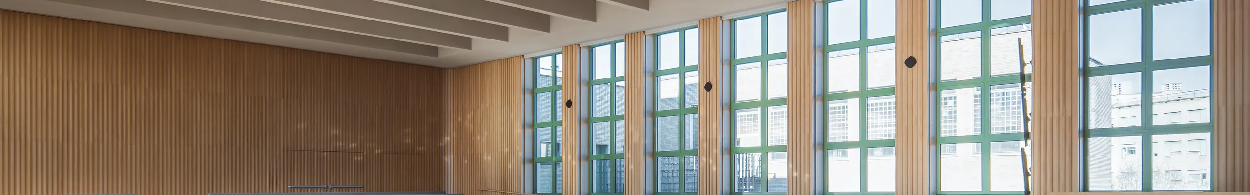 A bright, contemporary auditorium featuring acoustic ceiling tiles installed between exposed structural beams, with tiered grey seating, full-height windows, and warm timber wall panels.