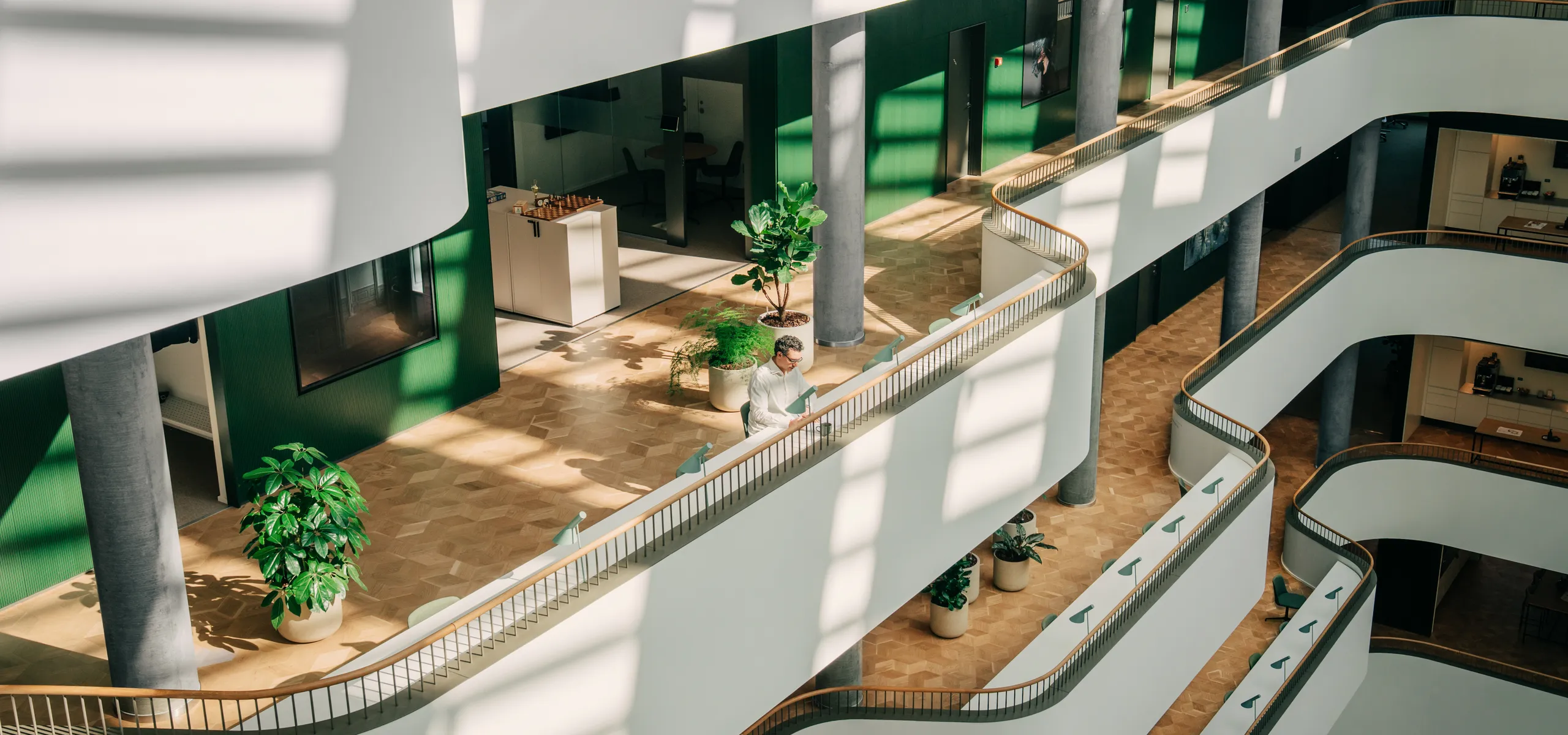 Sunlit office atrium with smooth monolithic acoustic ceiling and wall elements, curved multi-level walkways, warm parquet flooring, and potted plants