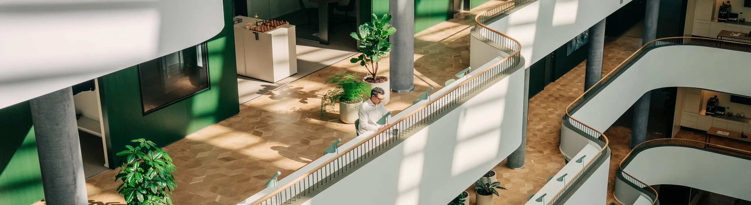 Sunlit office atrium with smooth monolithic acoustic ceiling and wall elements, curved multi-level walkways, warm parquet flooring, and potted plants