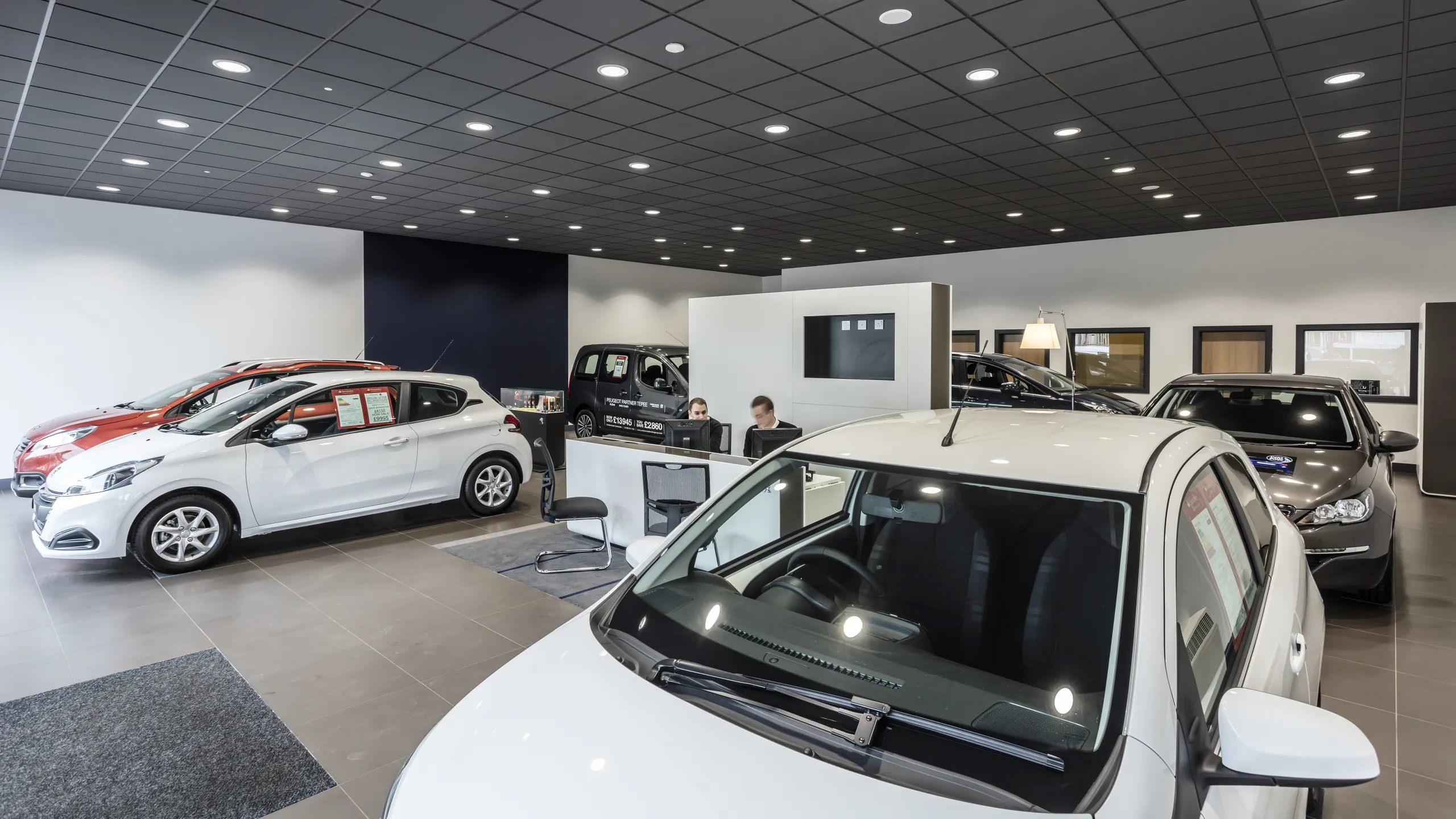 Car dealership showroom with vehicles on display and a black acoustic grid ceiling with recessed lighting above the space.