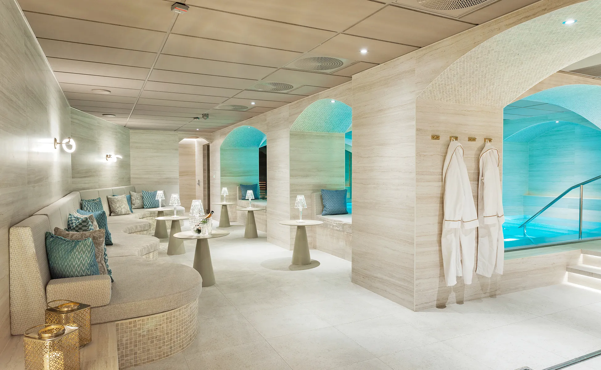 Wellness spa centre acoustics optimised with acoustic ceiling design.
