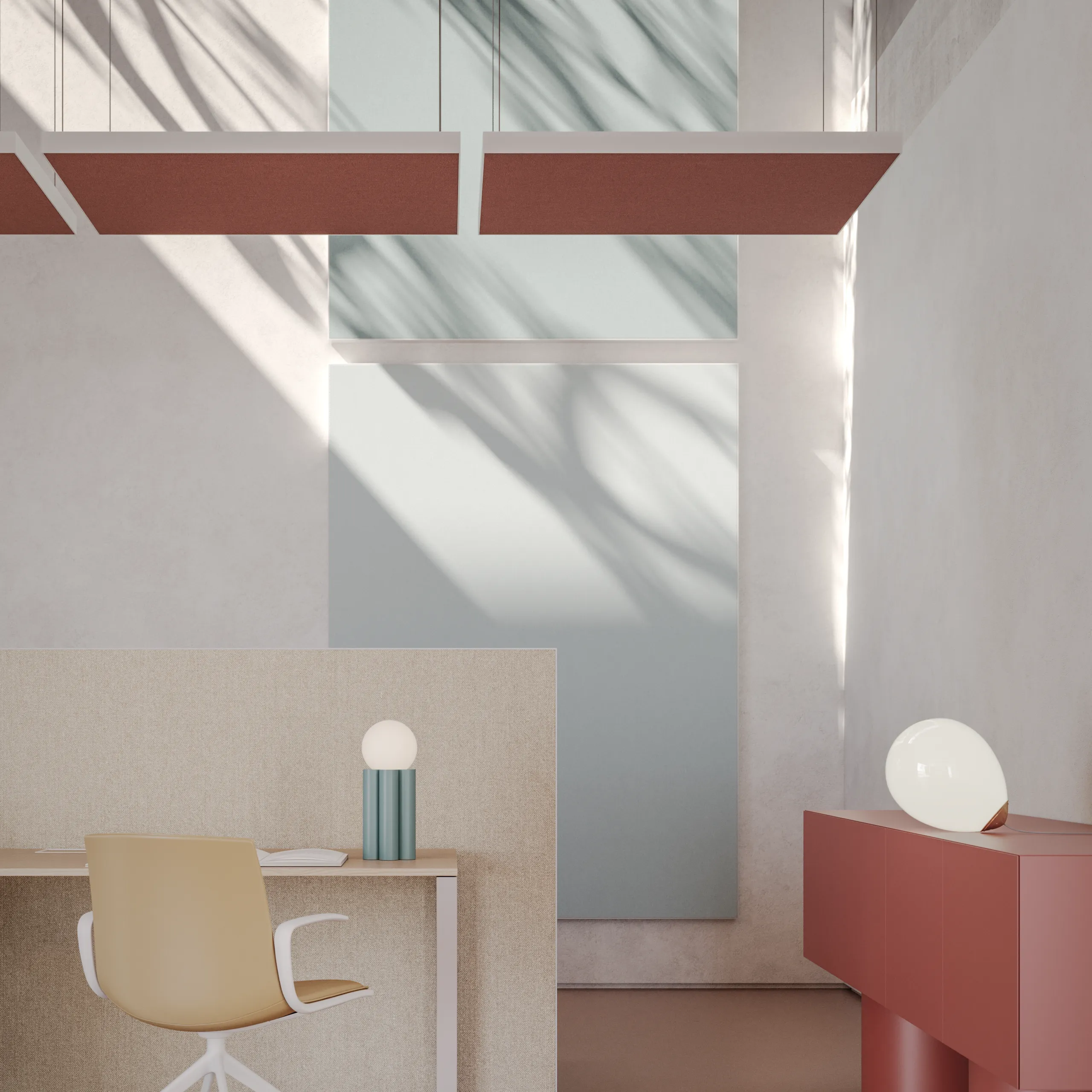 Detail view of Rockfon acoustic wall panels, floor screens, and hanging divider