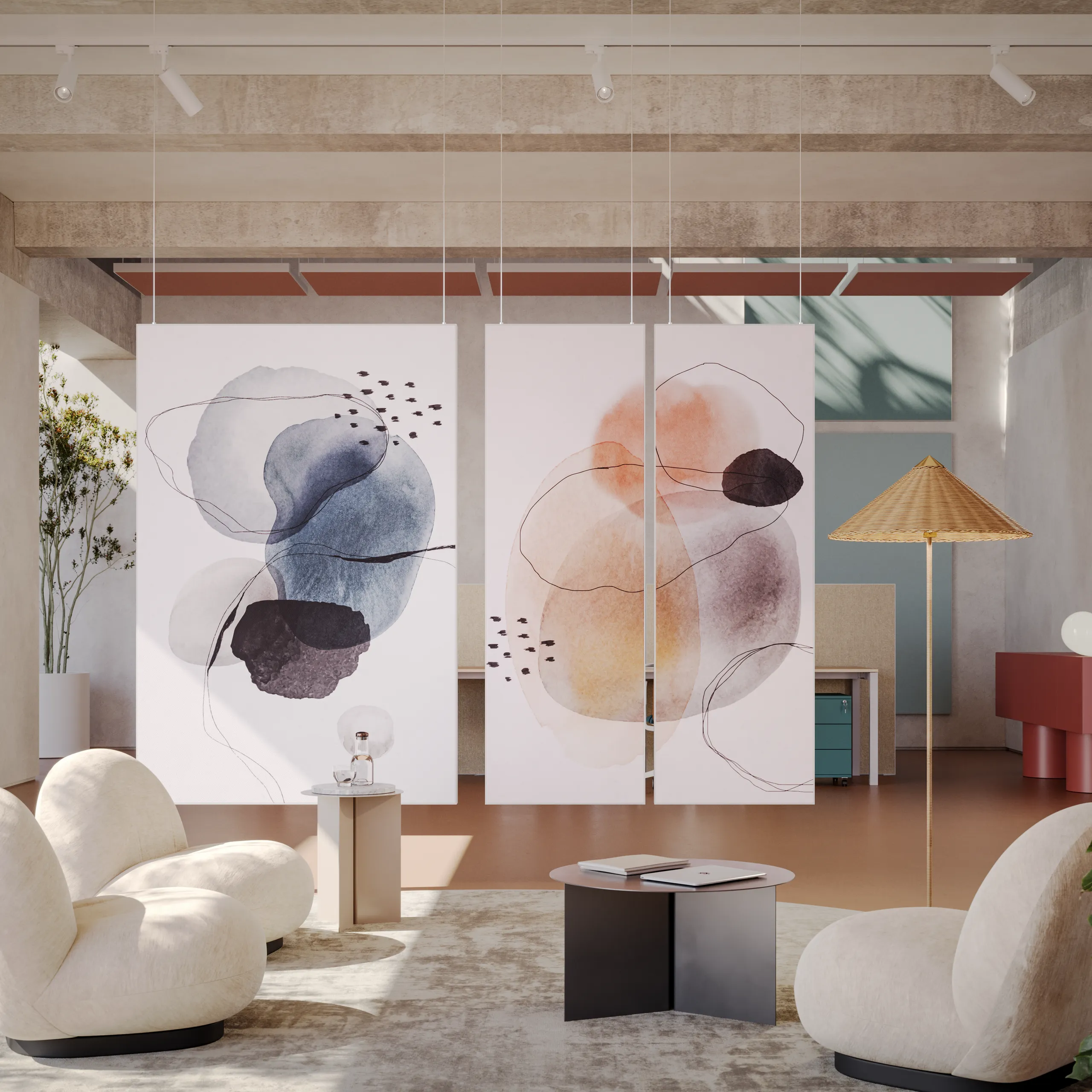 Detail view of Rockfon acoustic wall panels, floor screens, and hanging divider