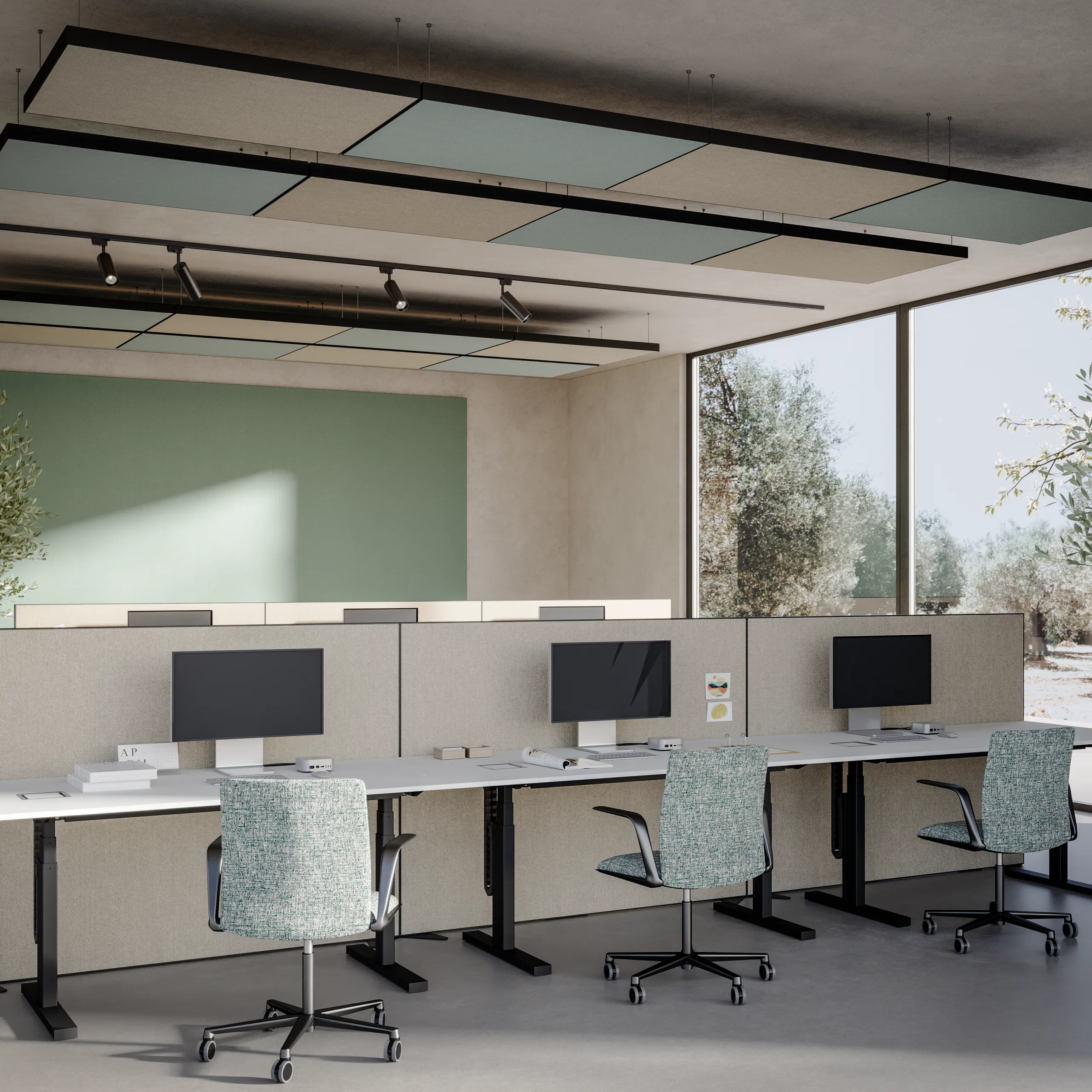 Detail view of Rockfon acoustic floating ceiling panels and suspending ceiling clouds or islands.