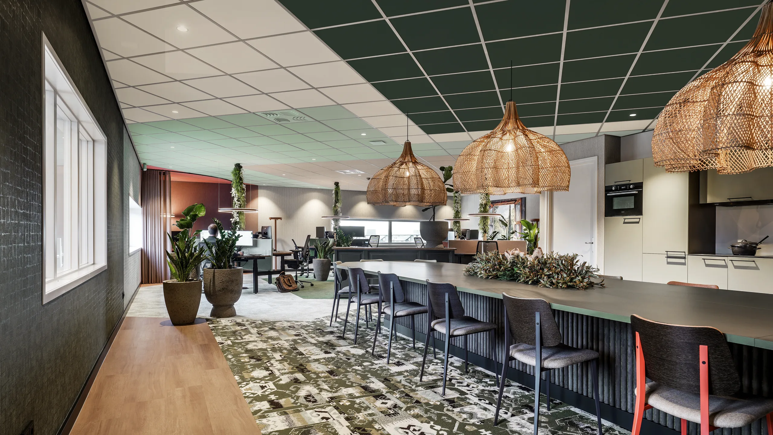 A green and white ceiling using Rockfon Color-all