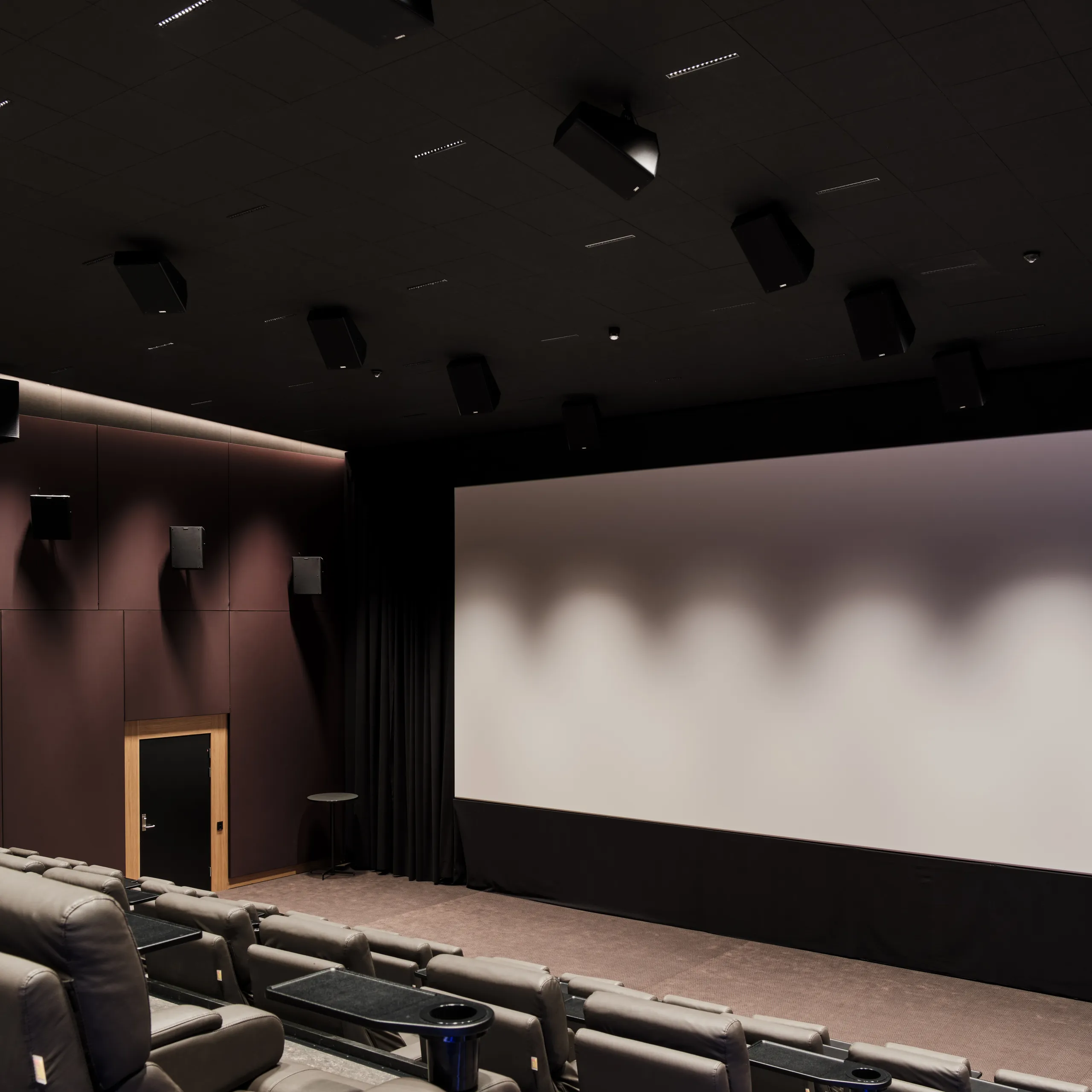 Cinema auditorium with rows of seats facing a large projection screen beneath a dark acoustic ceiling.