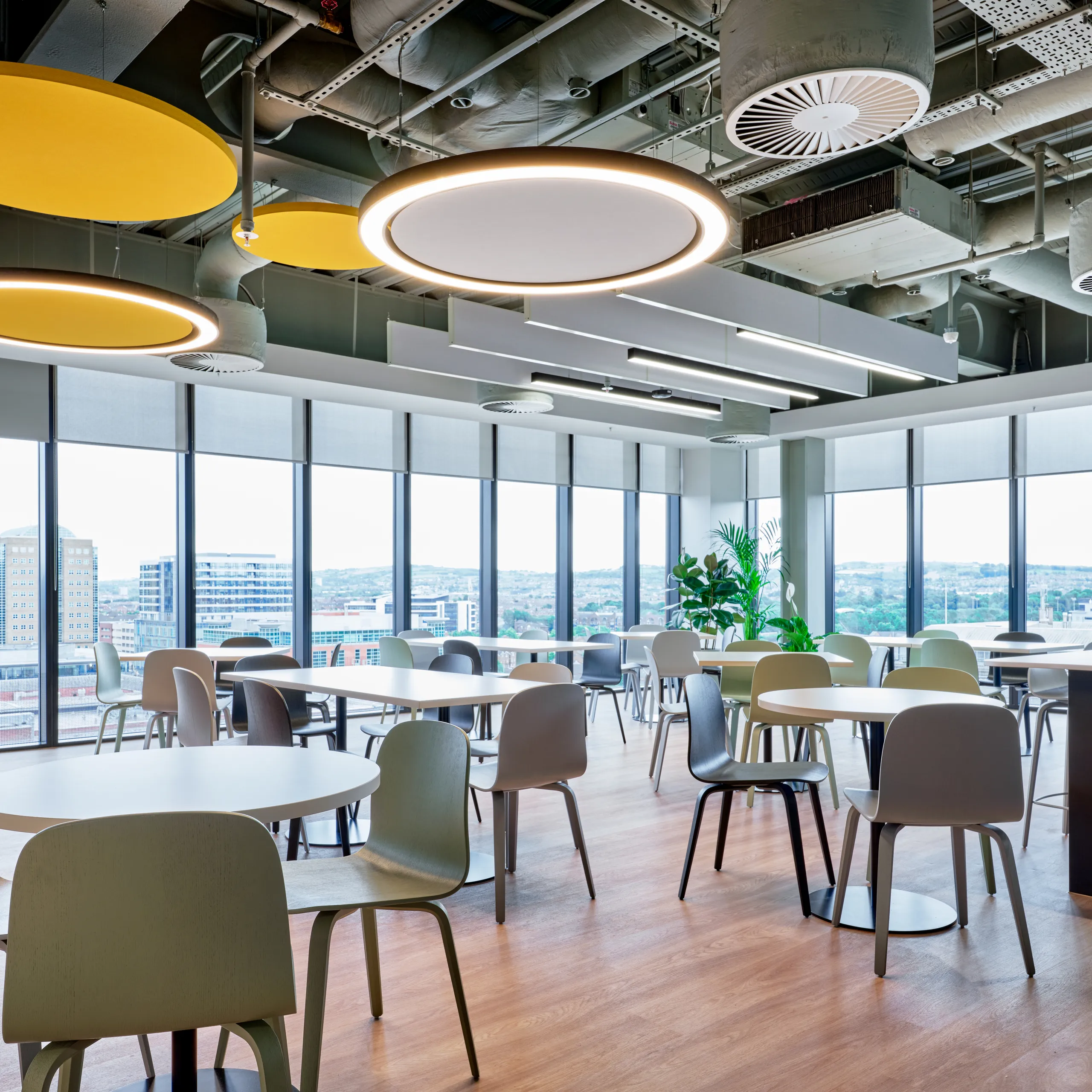 Detail view of Rockfon acoustic floating ceiling panels and suspending ceiling clouds or islands.